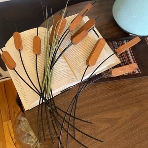 Vintage Mid Century MCM Cattail Wood & Metal Wall Decor - Set of 3 Bunches